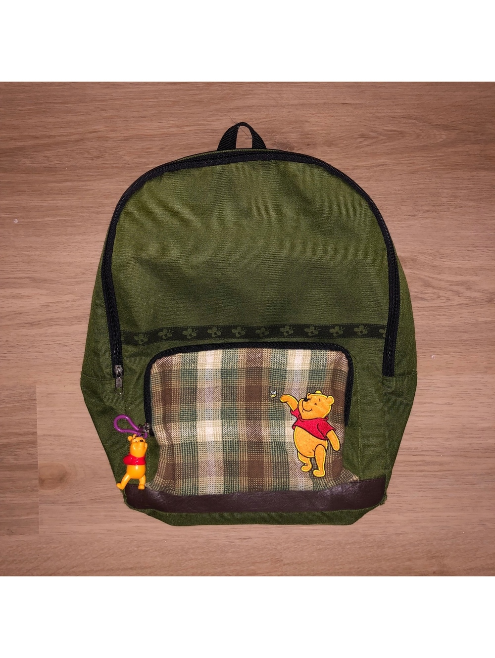 VINTAGE DISNEY WINNIE THE POOH PLAID GREEN BACKPACK W/ KEYCHAIN EMBROIDERED Y2K